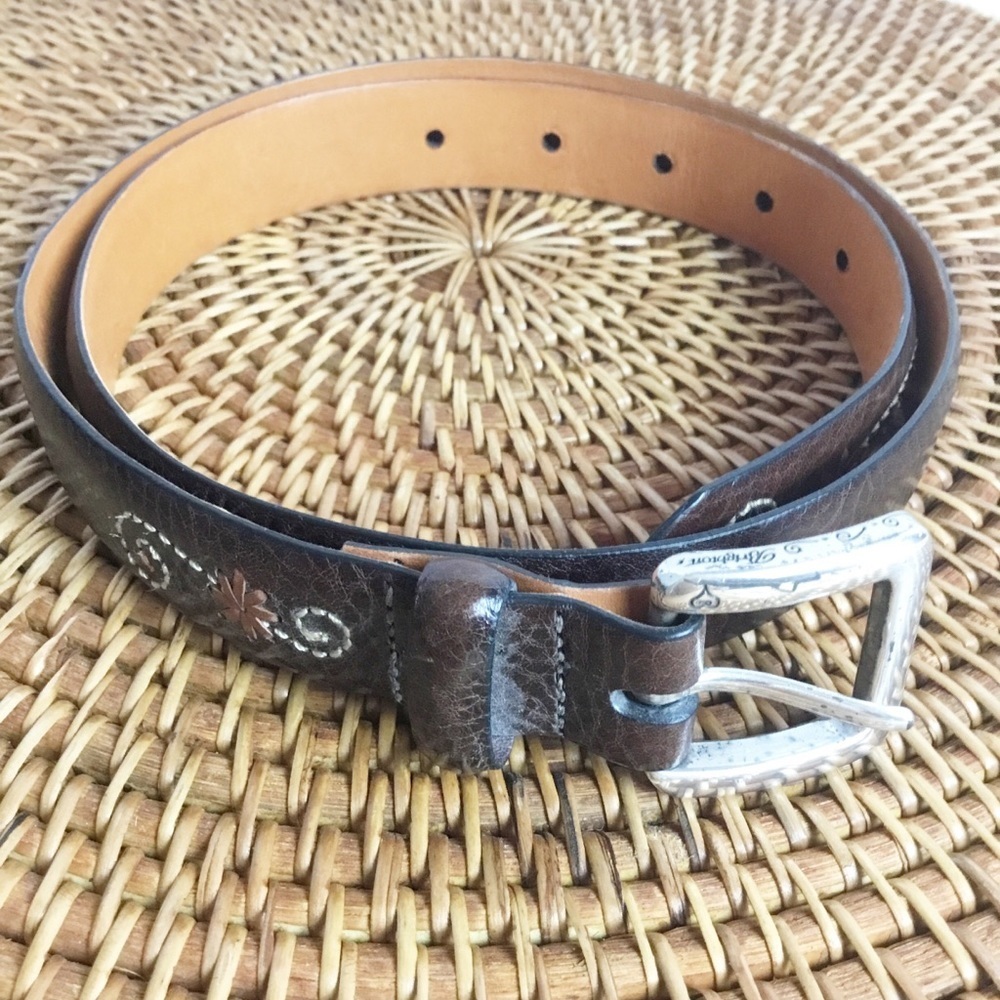 Brighton Brown Silver Embroidered Belt Size 30 Floral